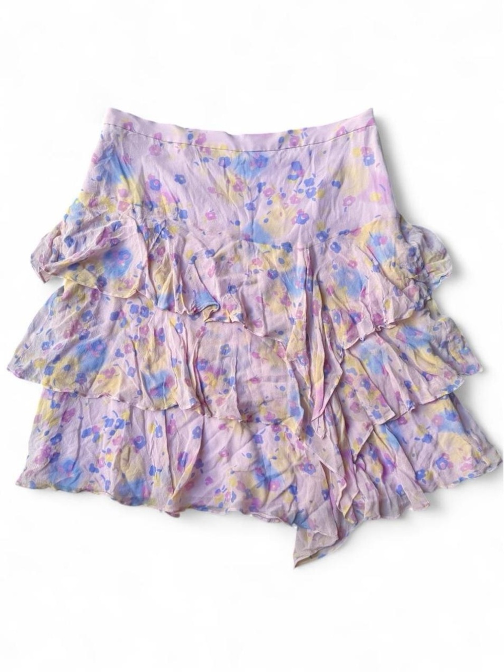 100% Silk 2000s Banana Republic Pastel Floral Ruffle Tiered Mini Skirt